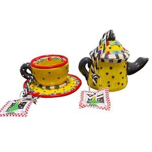 Mary Engelbreit Tea Cup & Teapot Christmas Corner Ornaments Set